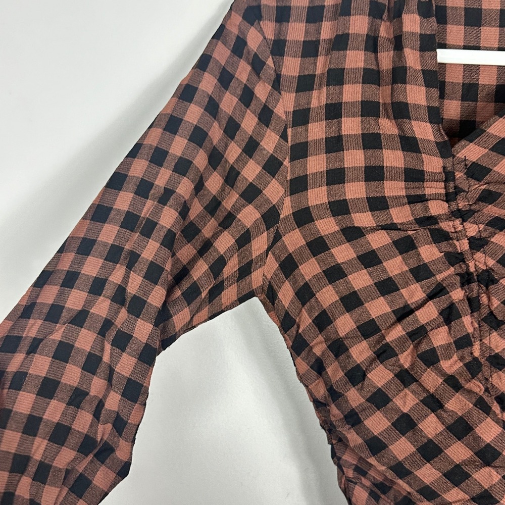ALC Oryn Black Brandy Brown‎ Top Womens Sz 4 Ruched Long Sleeve Plaid Check Boho - Picture 10 of 16